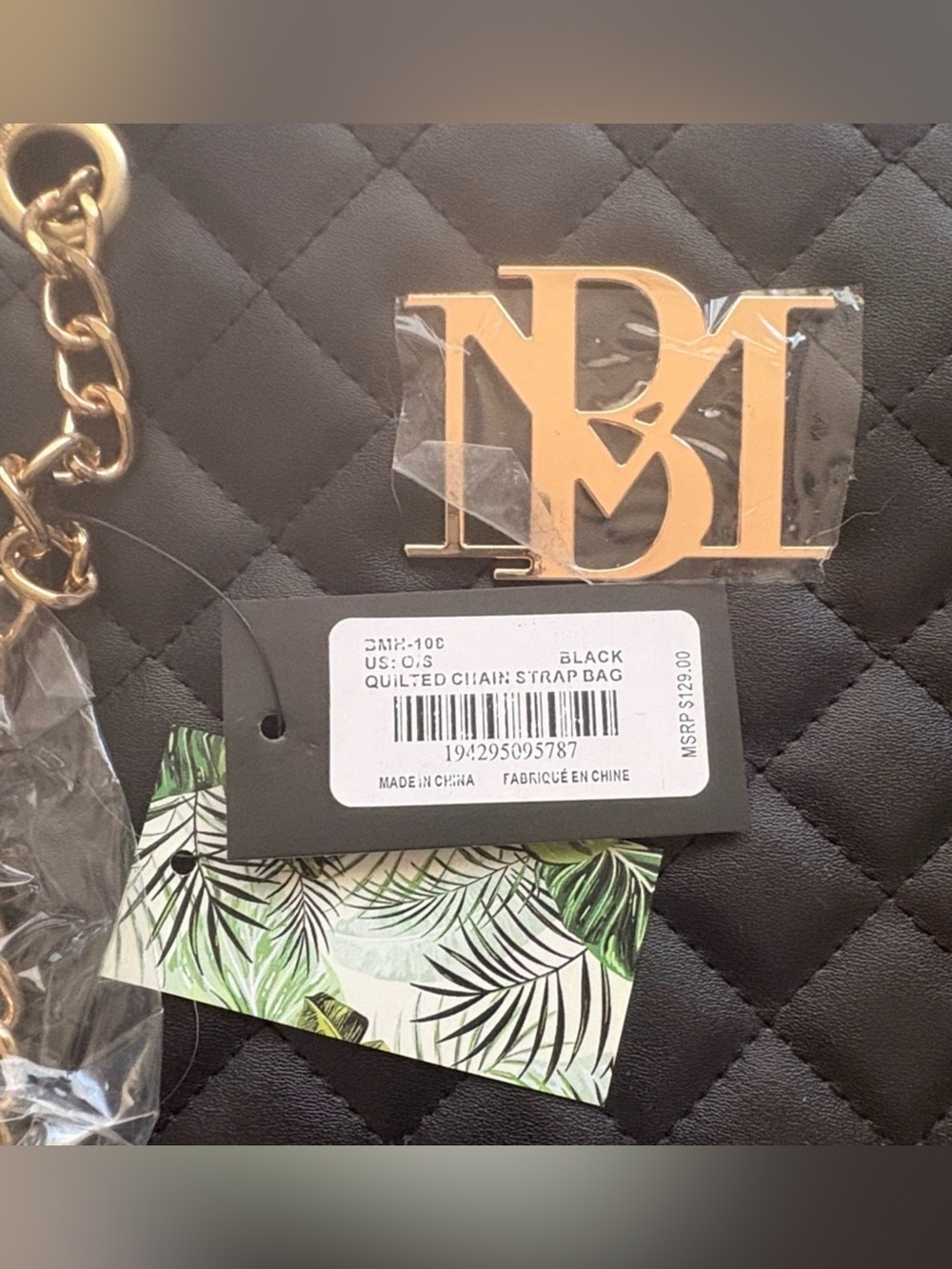 Badgley Mischka Large Black Diamond Quilted Shoulder Bag with Gold Chains - Picture 3 of 7